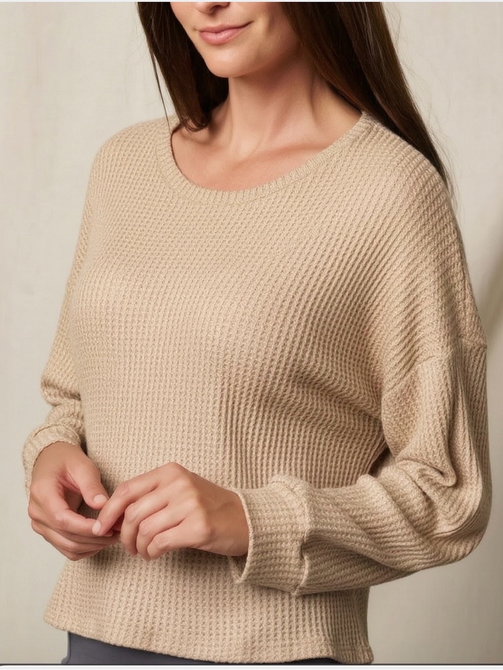 Merokeety Women’s Dropped-Shoulder Cream Waffle Knit Sweater